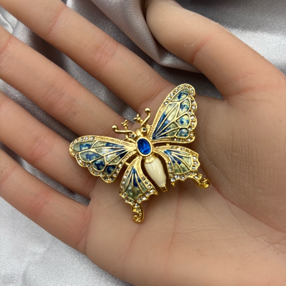 Vintage Blue Enamel & Crystal Butterfly Brooch